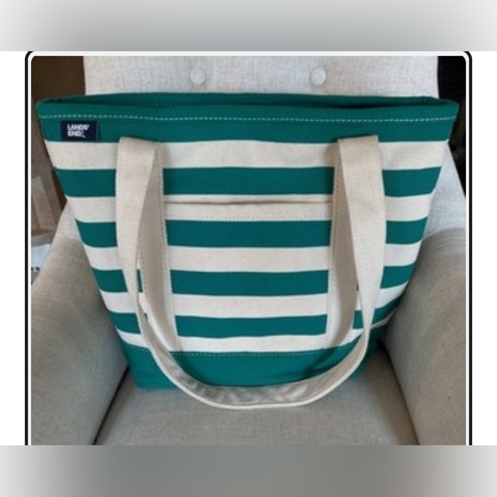 Lands End Striped Canvas Tote Bag Made Teal Zip Top Pocket Medium 16”x13”x7” EUC